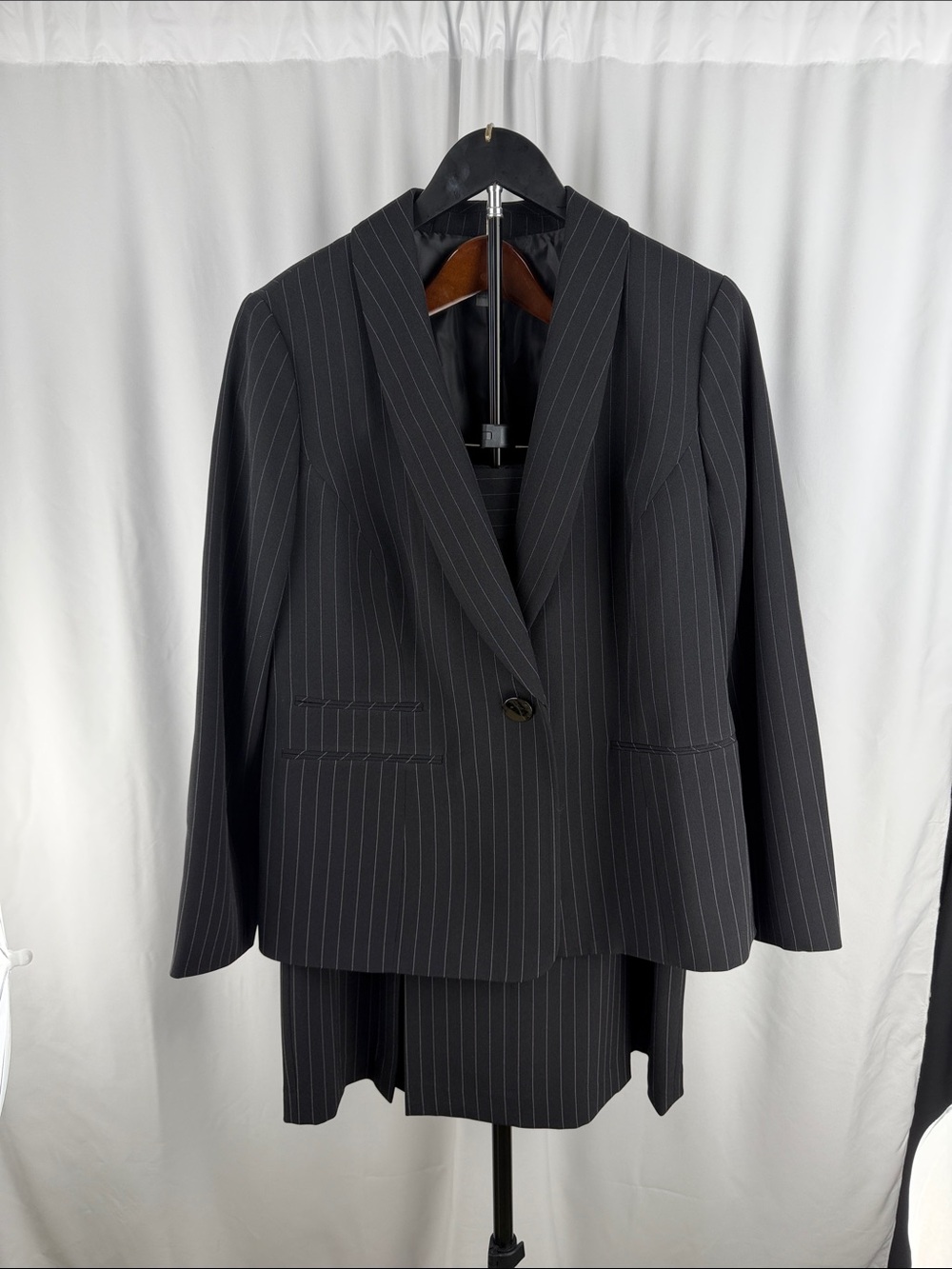 Kasper Black Pinstripe Skirt Suit | Blazer 14 & Skirt 16W